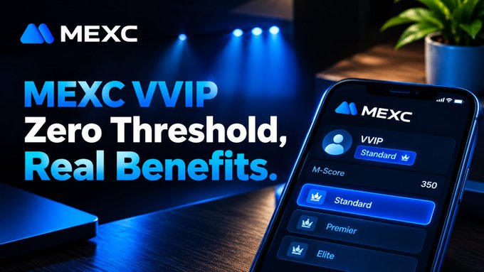 A MEXC cryptocurrency exchange advertisement promoting 'MEXC VVIP Zero Threshold, Real Benefits' showing VVIP tiers (Standard, Premier, Elite) on a smartphone.