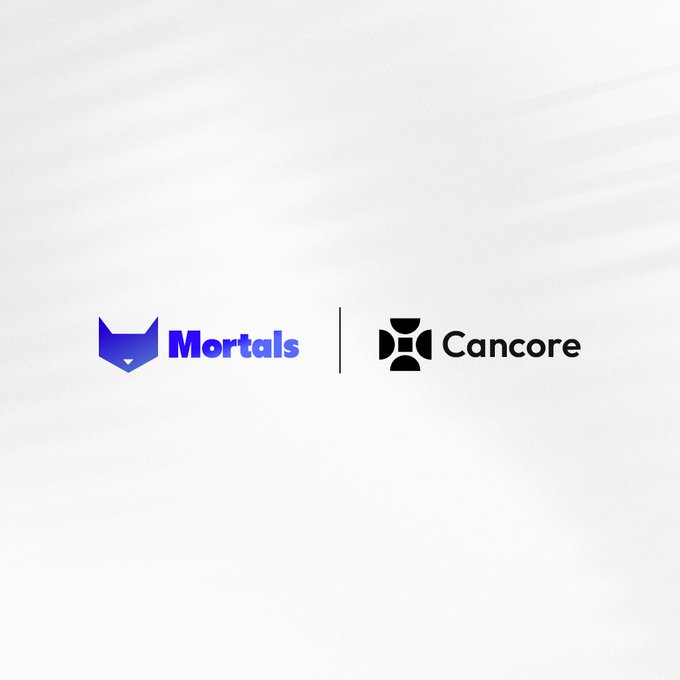 A minimalist logo design on a white draped fabric background featuring the purple 'Mortals' logo with a cat-like icon next to the black 'Cancore' logo with a geometric icon.
