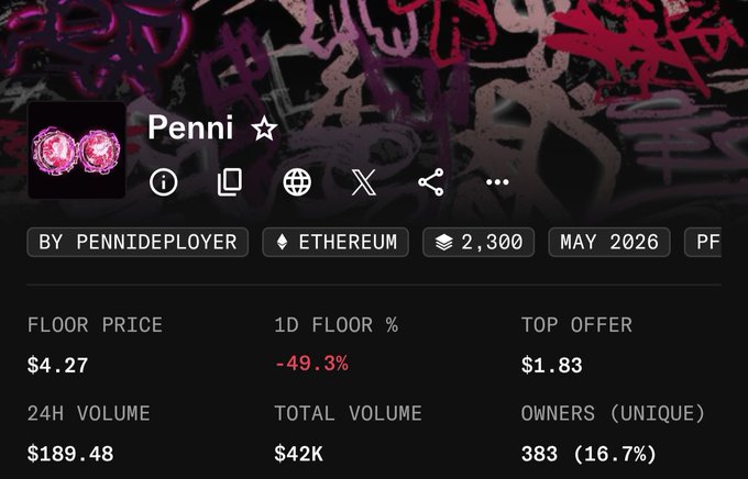 A stats dashboard for the "Penni" NFT collection by PenniDeployer shows a floor price of $4.27 on Ethereum, down 49.3% in 24 hours with only $189.48 in 24-hour volume. The dramatic price drop visualized on the screen reinforces the poster's comment about taking a significant loss on their NFT investment despite their conviction in the project.