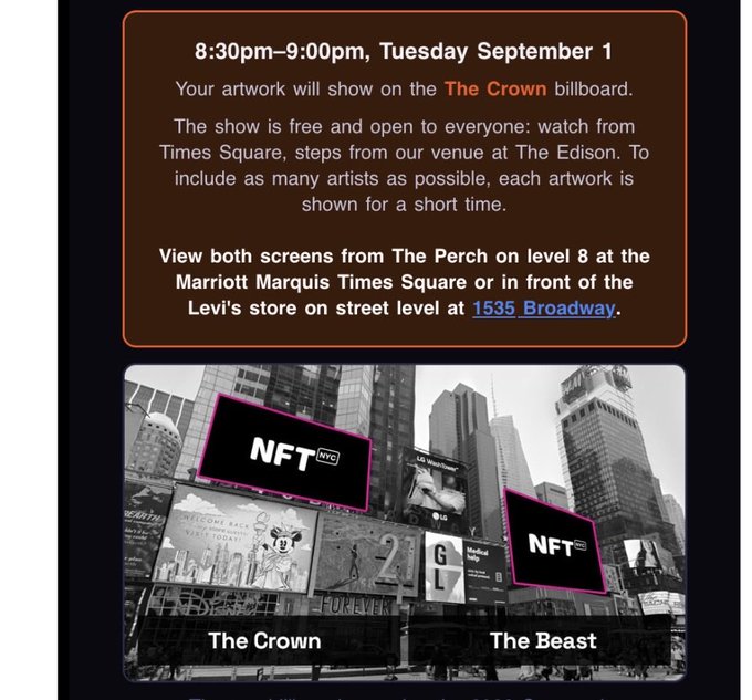 Advertisement for an NFT NYC event, September 1, 8:30-9:00pm, displaying artwork on The Crown billboard in Times Square, 1535 Broadway.