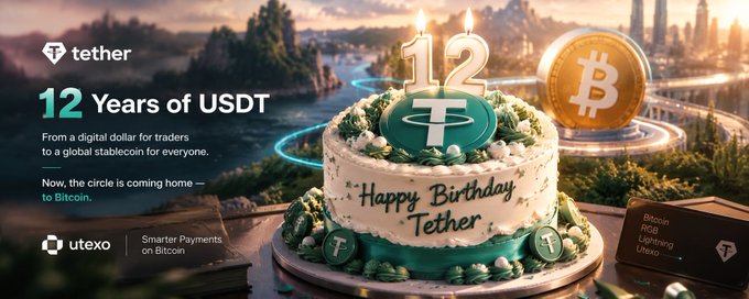 A promotional graphic reading 'tether 12 Years of USDT' featuring a birthday cake decorated with the Tether logo and candles, alongside a Bitcoin coin and 'utexo Smarter Payments on Bitcoin'.