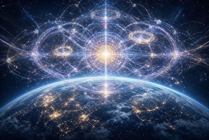 A digital artwork depicting Earth from space at night with city lights visible, overlaid with glowing, intricate geometric circles and rings of light emanating from a central bright point, suggesting a mystical or cosmic energy field.