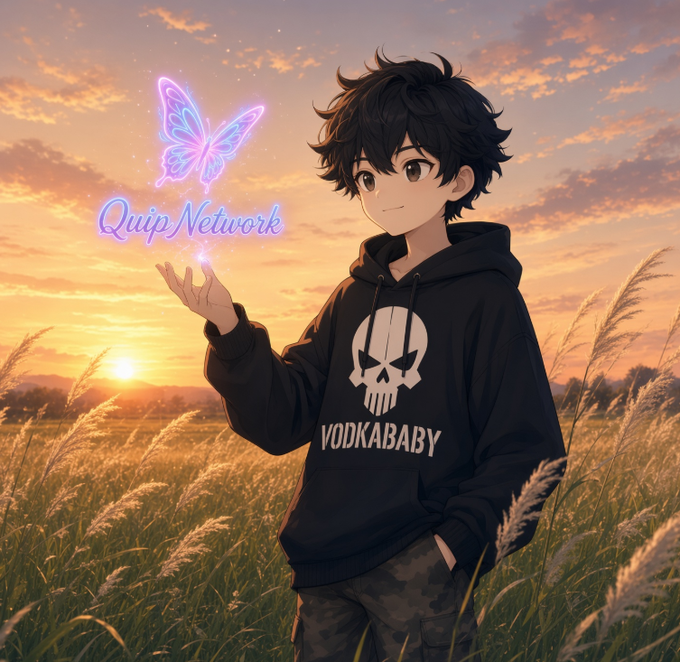 An anime-style character wearing a black 'VODKABABY' hoodie holds a glowing purple butterfly labeled 'Quip Network' in a grassy field at sunset.