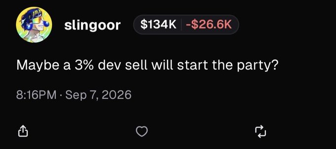 A screenshot of a post by "slingoor" showing a portfolio value of $134K with a $26.6K loss, captioned "Maybe a 3% dev sell will start the party?" — the post reflects the poster's apparent frustration and sarcasm about the $TOAD token's decline, suggesting that even a small developer sell-off would trigger a price drop, fitting the tone of "running out of ideas."