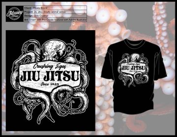 A product listing for a black t-shirt featuring 'JIU JITSU' text, a skull, and octopus tentacles, branded 'Crueltyfree Apparel'.