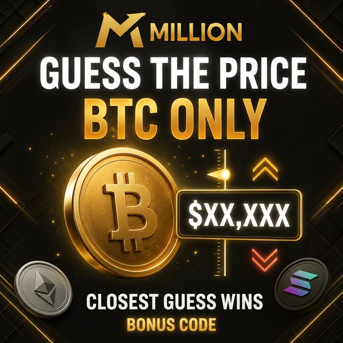 A promotional graphic for a 'Guess the Price BTC Only' contest with a $1 Million prize, featuring a Bitcoin coin and '$XX,XXX' placeholder, noting 'Closest Guess Wins' and 'Bonus Code'.