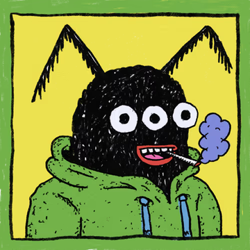 A crude cartoon drawing of a black furry character wearing a green hoodie with googly eyes, smoking a cigarette, and exhaling purple smoke against a yellow background.