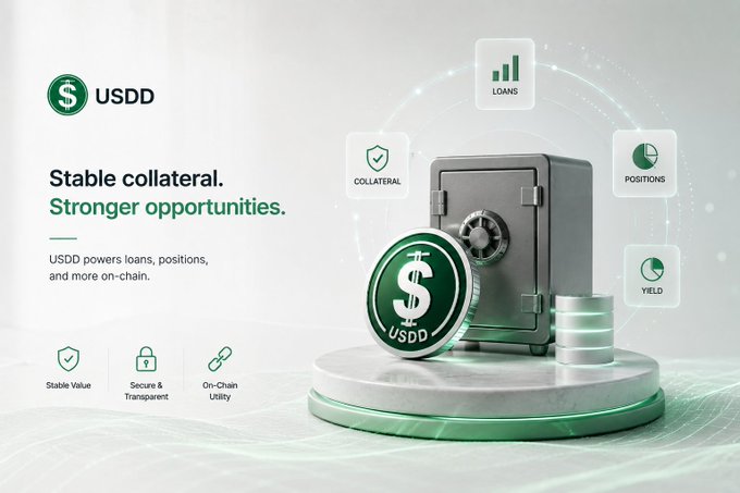 USDD crypto promotional graphic reads 'Stable collateral. Stronger opportunities.' with a safe and coin imagery.