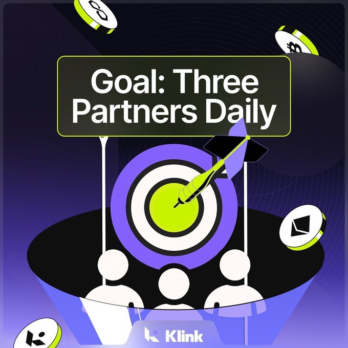 A promotional graphic featuring a dart hitting the bullseye of a target, with the text "Goal: Three Partners Daily" prominently displayed above and the "Klink" logo at the bottom, serving as a motivational visual for a daily partner-acquisition target.