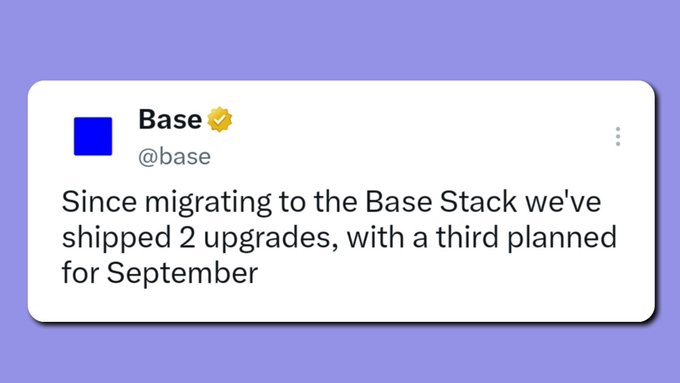 The image shows a social media post from the verified account @base stating, "Since migrating to the Base Stack we've shipped 2 upgrades, with a third planned for September." This highlights Base's rapid development and planned network enhancements, aligning with the post about its continuous progress and upcoming upgrades like Azul aimed at improving security and scalability.