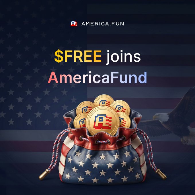 A promotional graphic featuring a patriotic stars-and-stripes drawstring bag filled with gold coins branded with the "AF" logo, set against an American flag background with a bald eagle. The text announces "$FREE joins AmericaFund," with "AMERICA.FUN" displayed at the top—visually celebrating the partnership described in the accompanying post about AmericaFund's $5,000 acquisition of the $FREE token.
