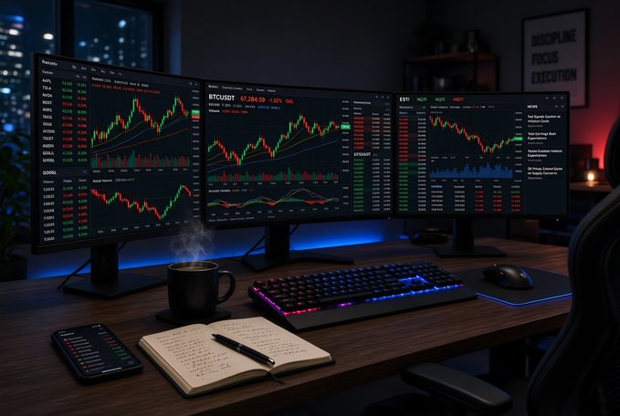A dimly lit trading workstation featuring three monitors displaying cryptocurrency and stock charts (including BTCUSDT), a steaming coffee mug, a notebook with handwritten notes, and an RGB keyboard and mouse.