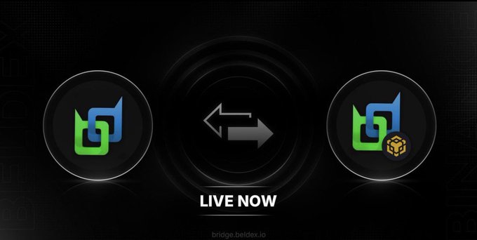 A black graphic displays two circular logos with arrows pointing between them and the text 'LIVE NOW' above 'bridge.beldex.io'.