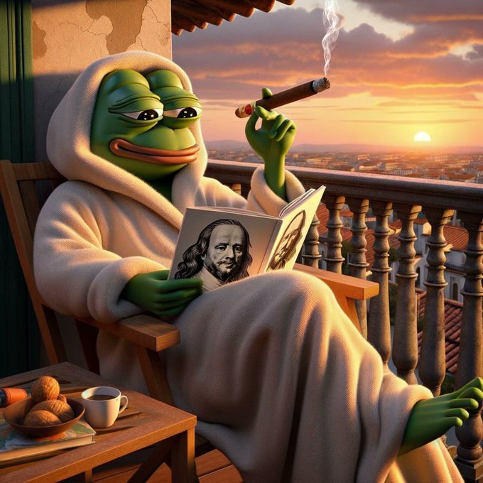 A 3D-rendered image of the Pepe the Frog meme depicted as a relaxed figure in a white bathrobe and hood, smoking a cigar while reading a book featuring a portrait resembling William Shakespeare on a balcony at sunset.