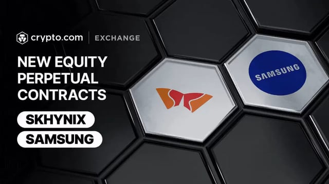A Crypto.com Exchange promotional graphic announcing 'NEW EQUITY PERPETUAL CONTRACTS' for SK Hynix and Samsung, with their respective logos displayed on hexagonal tiles.