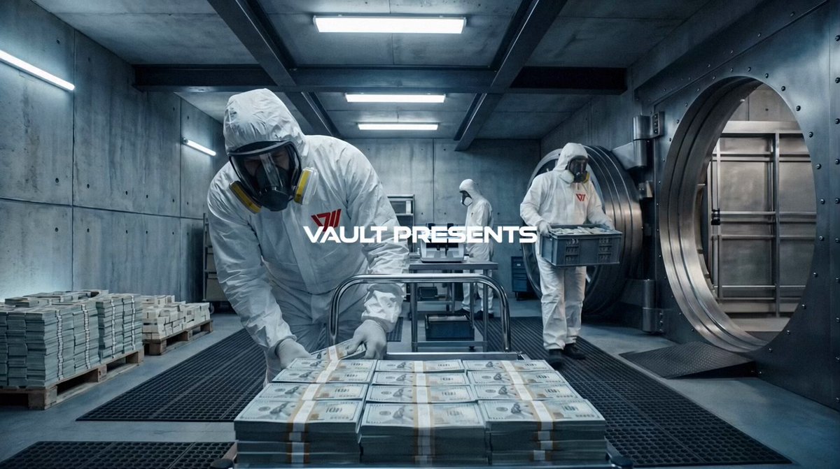 The image shows three people wearing white suits, each holding a box of money. They are standing inside an office building with a vault door nearby. The text "Vault Presents" can be seen above them, indicating that they have been working on this project for some time and are now ready to present their work.