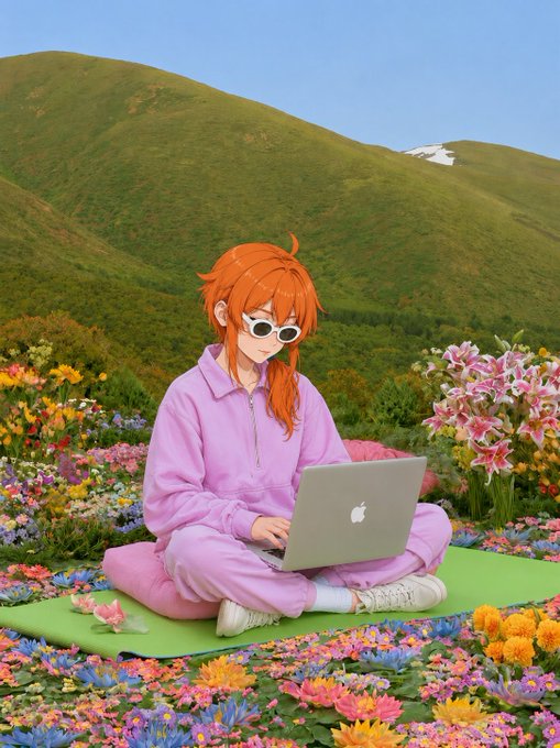 An anime-style illustration depicts a girl with orange hair and white sunglasses wearing a pink hoodie and sweatpants, sitting cross-legged on a green mat while using an Apple laptop in a vibrant field of colorful flowers.