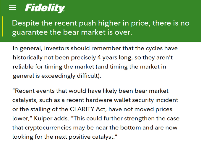 A Fidelity article notes that despite a recent price rally, there's no guarantee the bear market is over, though the market's resilience to negative events like the CLARITY Act stall and a hardware wallet security incident supports the case that crypto may be near a bottom.