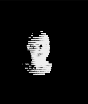 A stylized, distorted black and white image showing a face or figure rendered with horizontal line glitch effects against a black background.