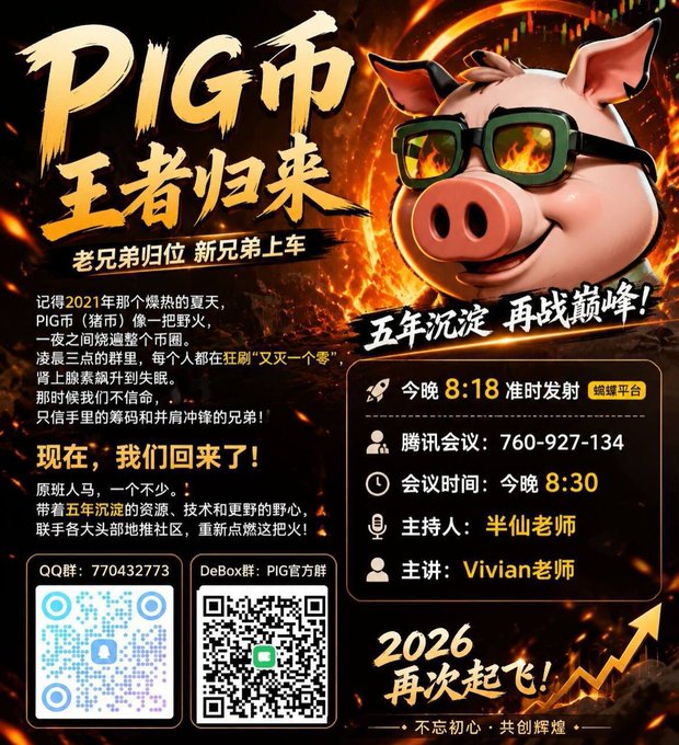 This flyer announces a return for "PIG Coin" (PIG币) after a five-year hiatus, reminiscing about its surge in popularity in 2021. It details an upcoming online event on "TONIGHT 8:18" with a Tencent Meeting ID: 760-927-134 and discussion starting at 8:30, featuring hosts "半仙老师" and "Vivian老师".
