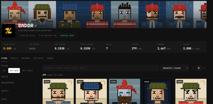 The image shows a crypto NFT marketplace listing for "ZADDR" with a floor price of 0.008 ETH and total volume of 0.1530 ETH, featuring pixel-art character items (hats, outfits, skins, and backgrounds) priced at 8,000 IDRX each. The caption and post together mock the low valuation and modest trading volume of the ZADDR NFT collection, suggesting that fellow supporters ("bros on the whitelist") were foolish to buy in at such a low, seemingly worthless price point.