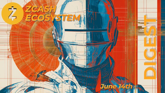 The image features a poster advertising a Zcash ecosystem event, which was held on June 14th at 5.1.0. The poster includes an illustration of a robot with a face wearing a mask, accompanied by text that reads "Zcash Ecosystem Digest" and "June 14th Zebra". The poster also mentions the release date for the Zcash node, which is @ZcashFoundation Applications open for Zcon7 @Zcash @AnthropicAI assists @ShieldedLabs with Mythos Zcash Audit ZCAP Poll Opens for ZcashCommGrants Candidates PGPZ - (Pretty Good Policy)".