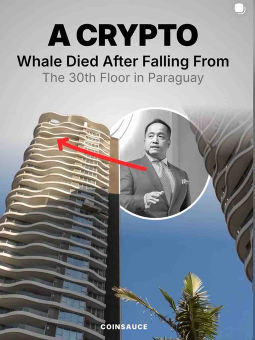A thumbnail showing a crypto news headline reading "A CRYPTO Whale Died After Falling From The 30th Floor in Paraguay," featuring a tall modern building and a circular inset photo of a man in a suit with a red arrow pointing toward the tower.