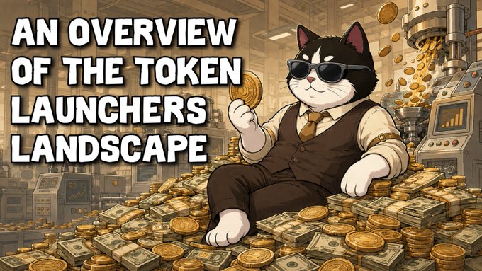 The image features a cartoon cat wearing sunglasses and a vest, sitting atop piles of gold coins and cash in what appears to be a money-printing facility, with the bold text "AN OVERVIEW OF THE TOKEN LAUNCHERS LANDSCAPE" displayed on the left side. The illustration visually represents the lucrative, casino-like atmosphere of token launchpads during the memecoin hype, where quick profits and abundant money flowed, tying directly to the post's discussion of how token launchers became an on-chain gambling frenzy.