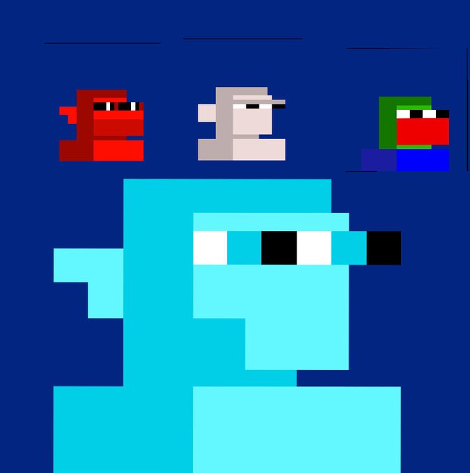 A retro pixel art image featuring a large cyan character in the foreground and three smaller characters (red, gray, and green/red) in the background against a blue backdrop.