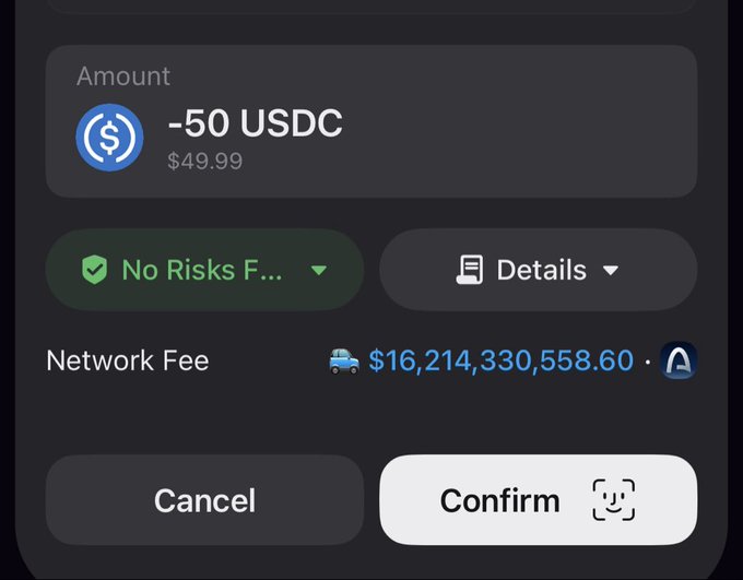 The image shows a crypto transaction confirmation screen displaying a withdrawal of -50 USDC (≈$49.99) from the Arc network, with a staggering "Network Fee" of $16,214,330,558.60—visually illustrating the post's complaint that bridging out a mere $50 would cost $16 billion in fees, rendering the transaction absurdly excessive.