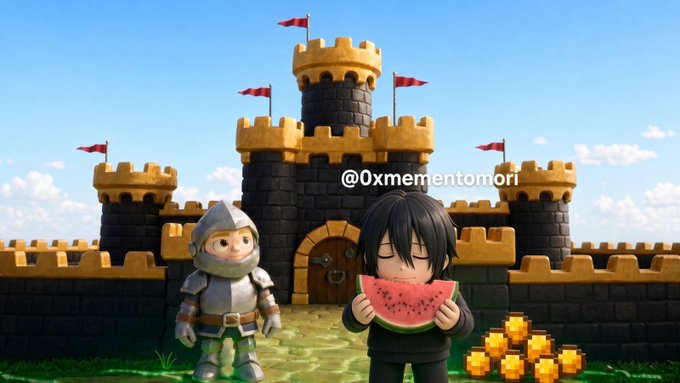 A 3D animated chibi-style character with black hair eating a slice of watermelon stands in front of a dark stone castle with gold accents, next to a knight and a pile of gold coins, watermarked '@0xmentomori'.