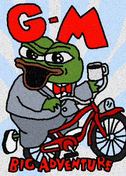 A cartoon logo showing a green frog in a suit riding a red bicycle with "G-M" in large red letters above and "BIG ADVENTURE" below.