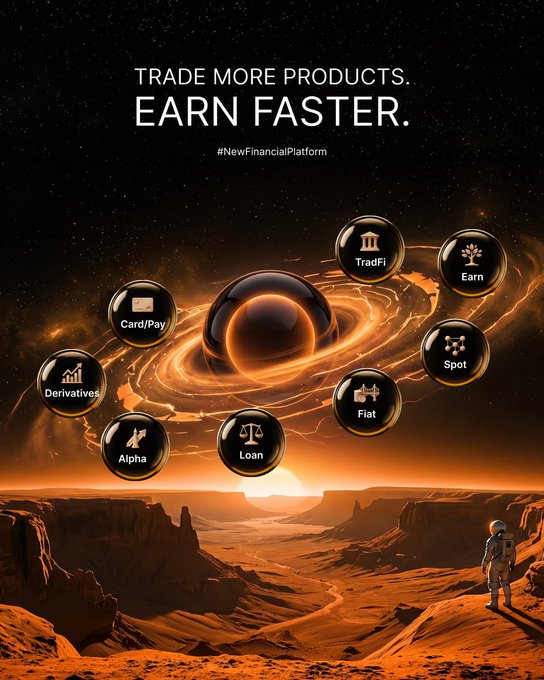 A promotional image for Bybit's Galaxy Points system features a cosmic black hole and astronaut against a Mars-like landscape, with circular icons highlighting the various products that earn points: Derivatives, Card, Alpha, Loan, Fiat, TradFi, Spot, and Earn. The header reads "Untitled - Paint" with the tagline "Trading volume, the way you imagined" and "#NewFinancialGalaxy," emphasizing how diversifying activity across multiple Bybit products—rather than focusing on just one—accelerates Galaxy Points accumulation.