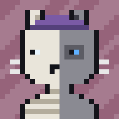 A pixel art image featuring a character with a split white and blue face, wearing a purple headband, set against a pink background.
