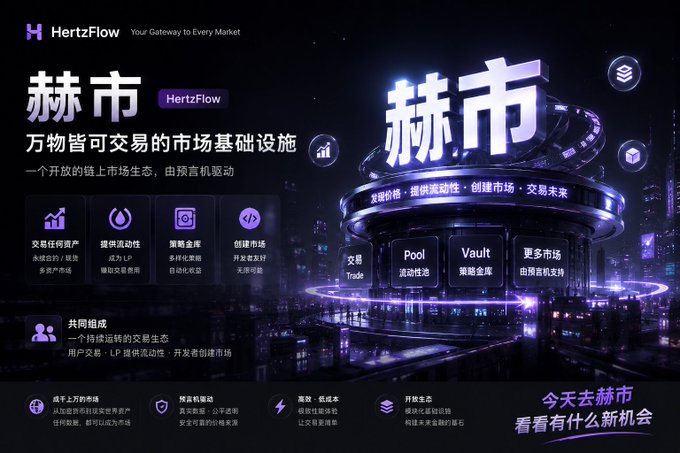 A promotional graphic for 'HertzFlow' (赫币) in Chinese, describing it as a market infrastructure where everything is tradable, featuring sections for trade, liquidity pools, vaults, and strategies.