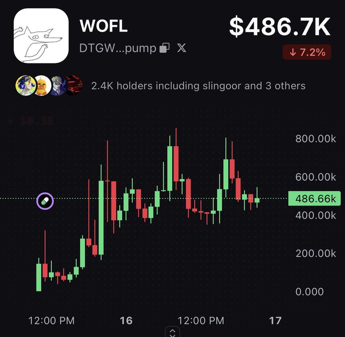 A cryptocurrency chart for the token 'WOFL' on pump.fun showing a market cap of $486.7K, down 7.2%, with 2.4K holders including 'slingoor', displayed as a candlestick price chart.