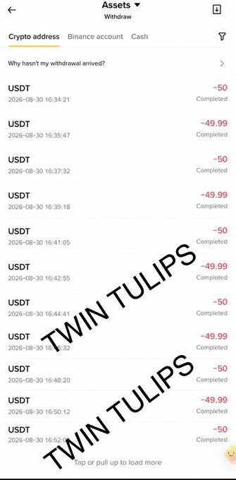 A Binance withdrawal history screen displays multiple consecutive USDT transactions of $50 and $49.99 marked as "Completed" on 2026-08-30, overlaid with diagonal "TWIN TULIPS" text, serving as visual proof of the user distributing $50 to numerous recipients as part of their giveaway promotion.