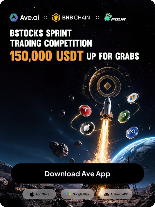 An advertisement for the "BSTOCKS SPRINT TRADING COMPETITION" on Ave.ai with BNB Chain and FOUR partnerships, offering "150,000 USDT UP FOR GRABS" with download links for the Ave App.