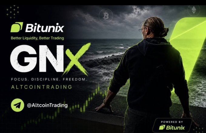 The image is a promotional graphic for Bitunix featuring "GNX" branding with the tagline "Focus. Discipline. Freedom. Altcointrading," alongside a stock chart overlay and a man standing on a rocky shoreline gazing out at the ocean under a cloudy sky, with Bitcoin and Ethereum logos faintly visible. It reinforces the post's message about trading resilience, as the solitary figure contemplating the vast sea visually embodies the patience, discipline, and mental fortitude required to endure losses and wait for future opportunities.