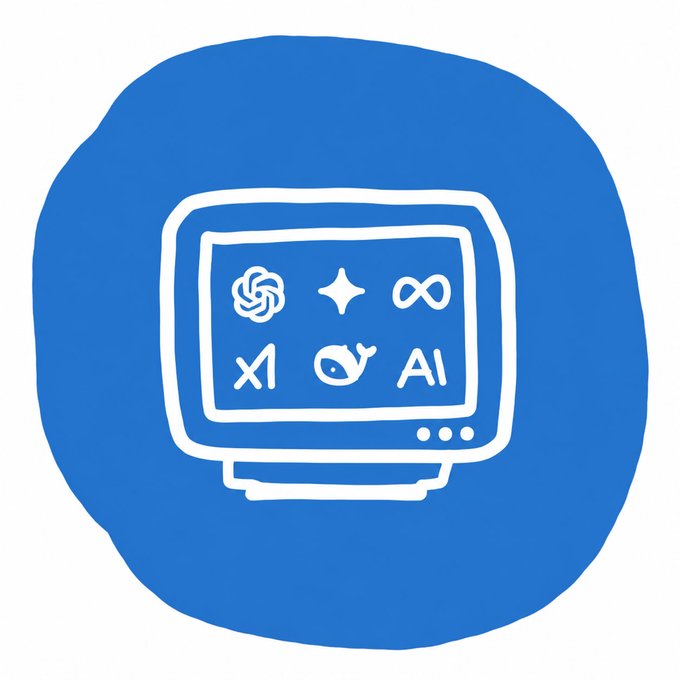A blue doodle-style icon of a retro computer monitor displaying AI company logos, including ChatGPT, xAI, Meta's infinity symbol, and whale icons.