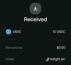 A cryptocurrency transaction confirmation showing 10 USDC received with zero network fee, sent to wallet twilight.skr, which appears to be the prize the user is celebrating in their post thanking SolanaAppWorld and mattlefun.