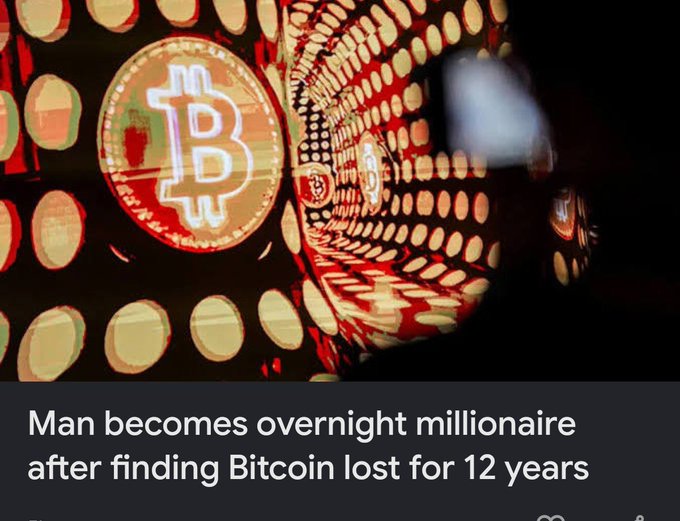 A digital display featuring Bitcoin logos with the text 'Man becomes overnight millionaire after finding Bitcoin lost for 12 years'.