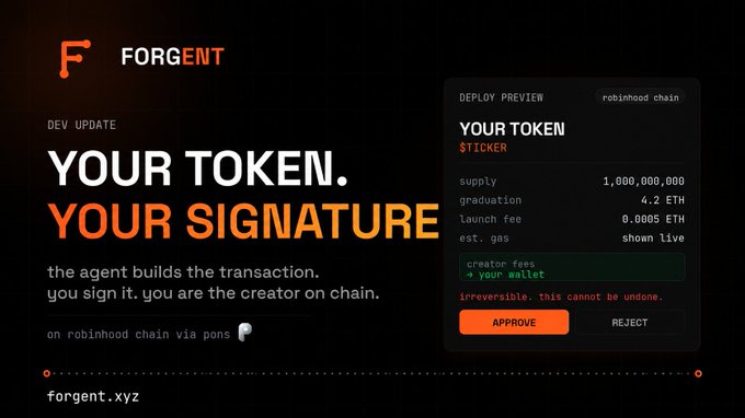 A promotional graphic for 'FORGENT' on robinhood chain, displaying 'YOUR TOKEN. YOUR SIGNATURE' alongside a deploy preview with details like 'supply 1,000,000,000' and 'graduation 4.2 ETH'.