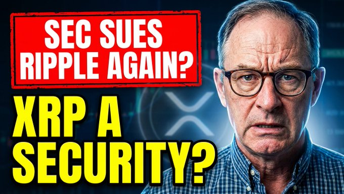 A man wearing glasses appears alongside bold text reading "SEC SUES RIPPLE AGAIN?" and "XRP A SECURITY?" with the XRP logo in the background, visually echoing the video's theme of renewed SEC scrutiny on Ripple and questions about XRP's classification amid the Clarity Act discussion.
