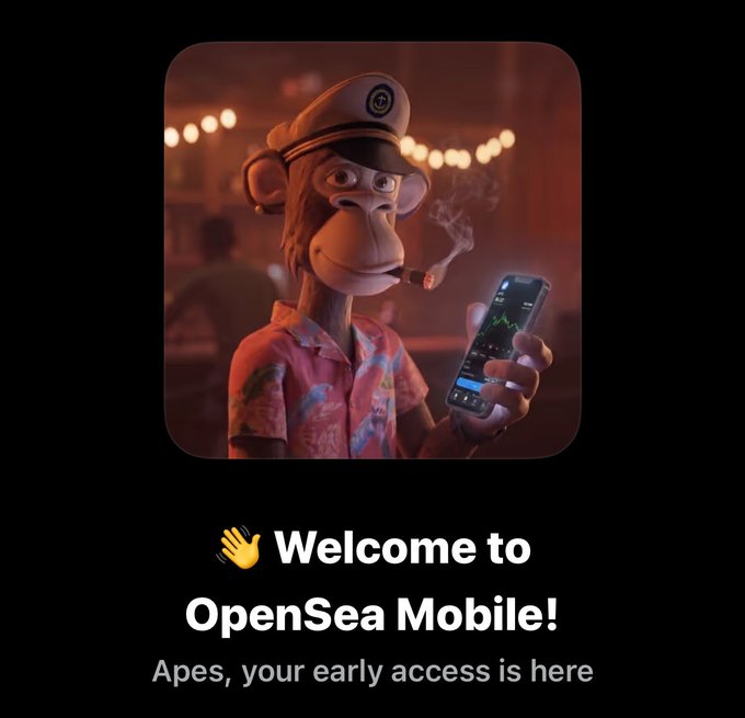 An advertisement graphic featuring a 3D animated monkey wearing a captain's hat and Hawaiian shirt, smoking a cigar while looking at a phone showing a stock chart, with text 'Welcome to OpenSea Mobile! Apes, your early access is here'.