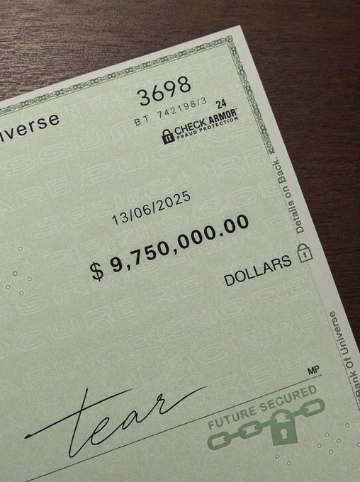 A stylized green bank check from 'Check Armor' for $9,750,000.00 dated 13/06/2025, featuring a signature line reading 'fear' and security-themed background text.