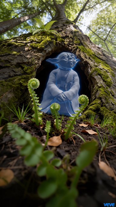 A digital artwork in the style of the VeVe app shows a Yoda-like figure sitting inside a hollow tree trunk surrounded by ferns and forest foliage, with the "veve" logo in the corner.