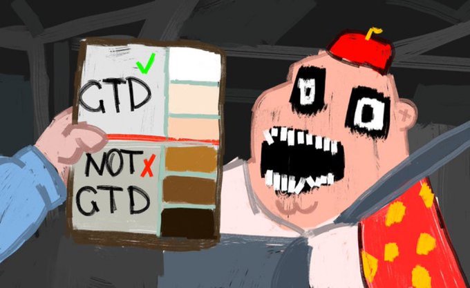 A cartoon illustration showing a frantic character with wide eyes and bared teeth holding up a tablet displaying a color swatch chart labeled 'GTD' with a green checkmark and 'NOT GTD' with a red X.
