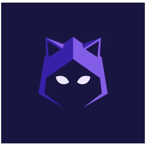 A minimalist purple geometric fox or cat head logo with glowing white eyes on a dark blue background.