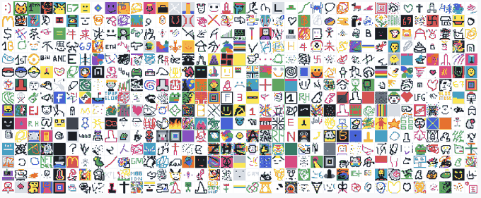 A dense grid of 555 small, colorful pixel-art tiles fills the image, each displaying unique characters, symbols, or Japanese text — corresponding to the "555 tiles" mentioned as sold out and available on OpenSea. The collage visually represents the completed generative art collection, with no readable single phrase dominating the mosaic.